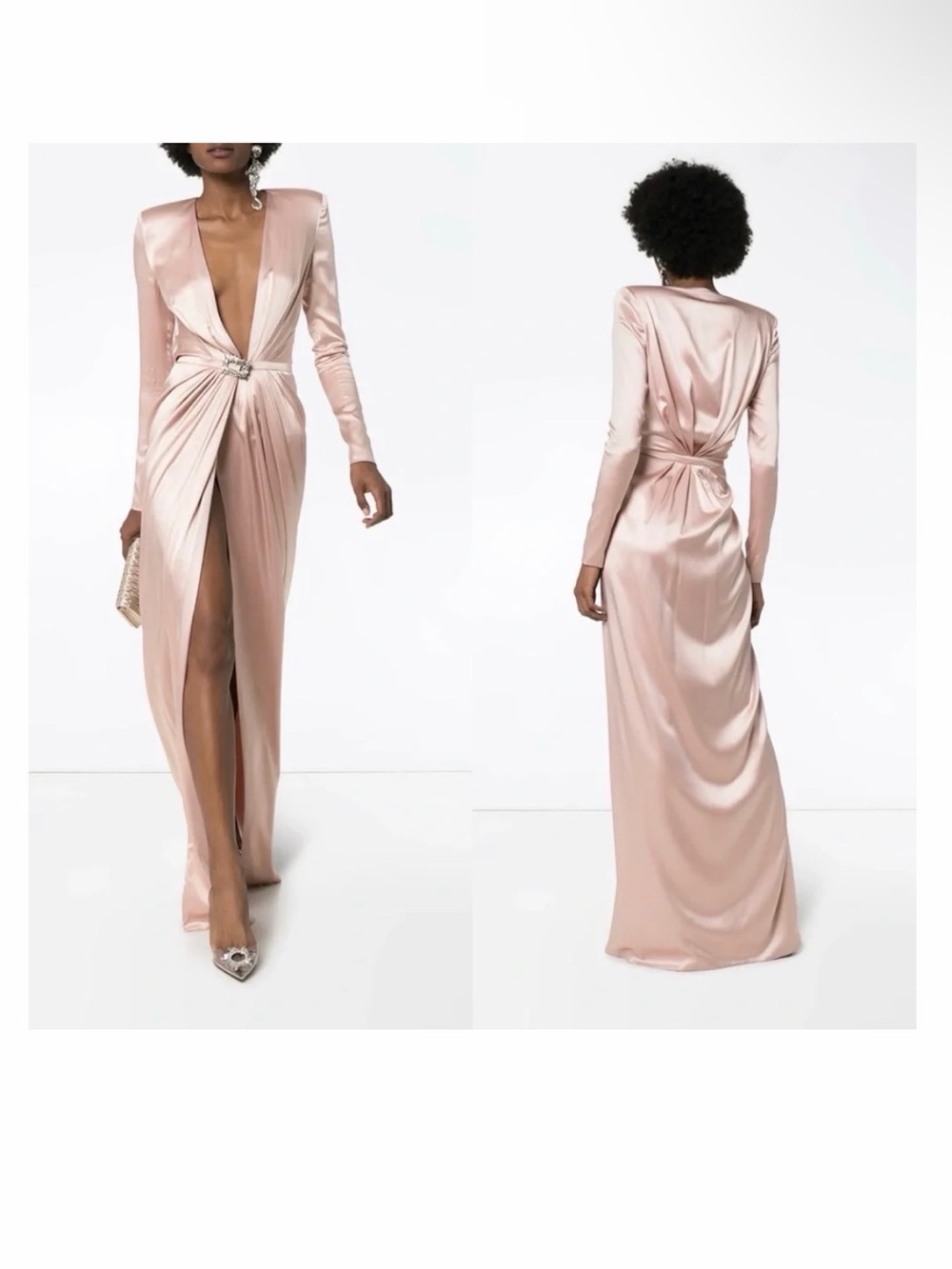 NWT Alexandre Vauthier Long Satin Plunge Evening Dress in Blush Pink